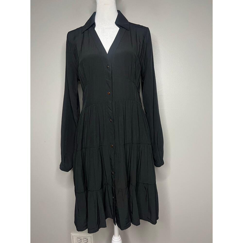 Women's Long-Sleeve Shirt Dress Tiered Black Size M Minimalist Academia Babydoll